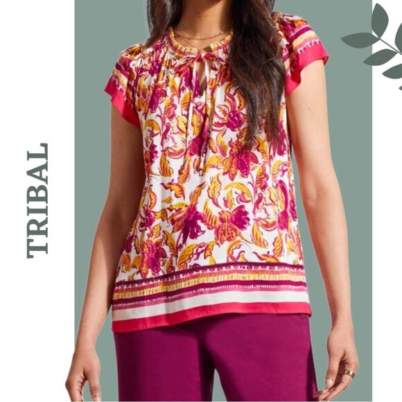 Tribal Border Print Knit Top Ruffle Short Sleeve Pink Yellow White Size XXL - Picture 1 of 9